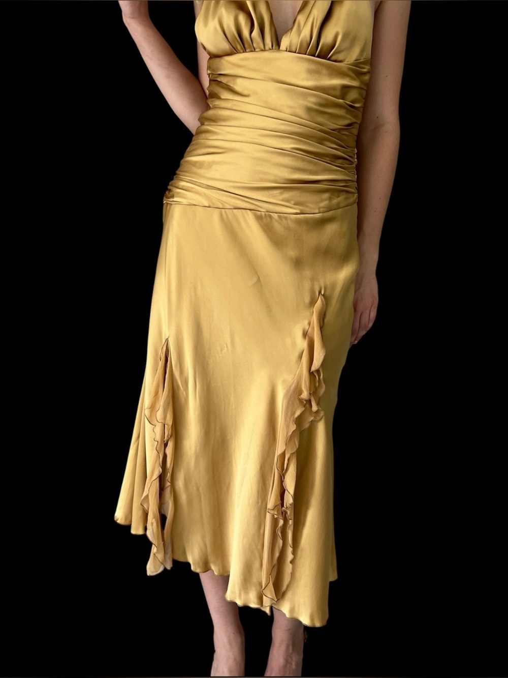 Vintage Y2K Cache Gold 100% Silk Chiffon Ruffle Tie Back Halter Dress Size 8 - Picture 7 of 9